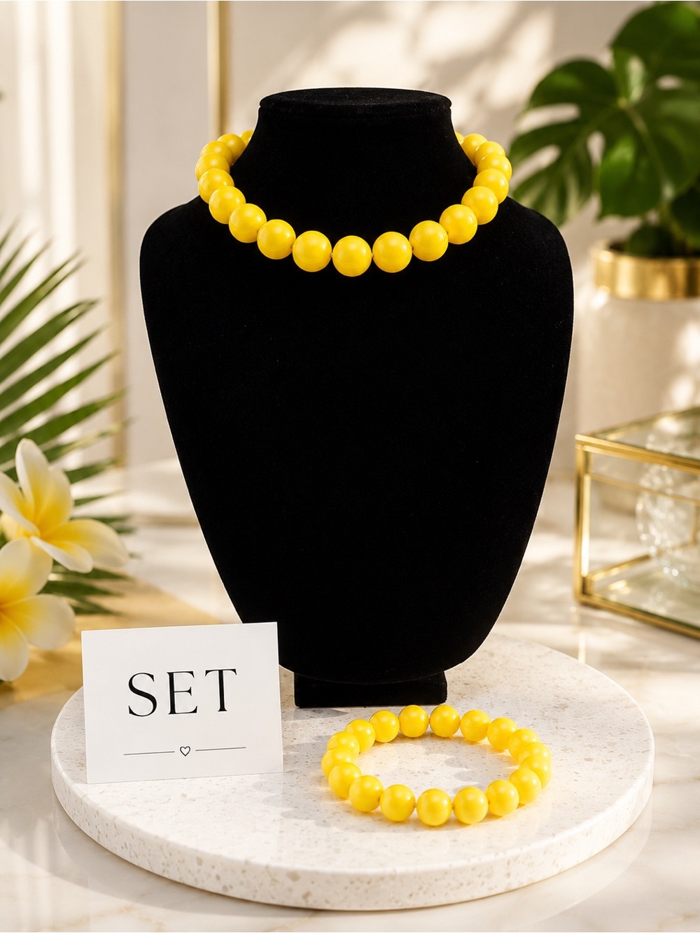 Bright Yellow Beaded Necklace & Bracelet Set - Women's Jewelry